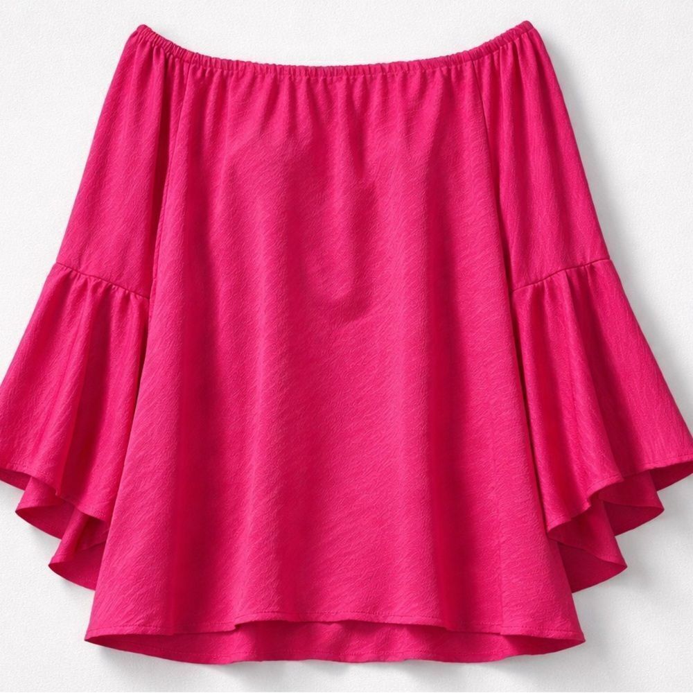 Fever Fuchsia pink off the shoulderderbbell sleeve blouse EUC size XL